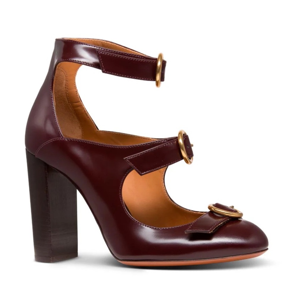 Chloe Burgundy Leather Triple-Buckle Ankle Heels